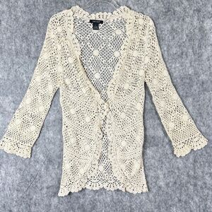 Karen Kane Sz L Crocheted Cardigan Beige Vtg Boho Hippie Top 3/4 Sleeve